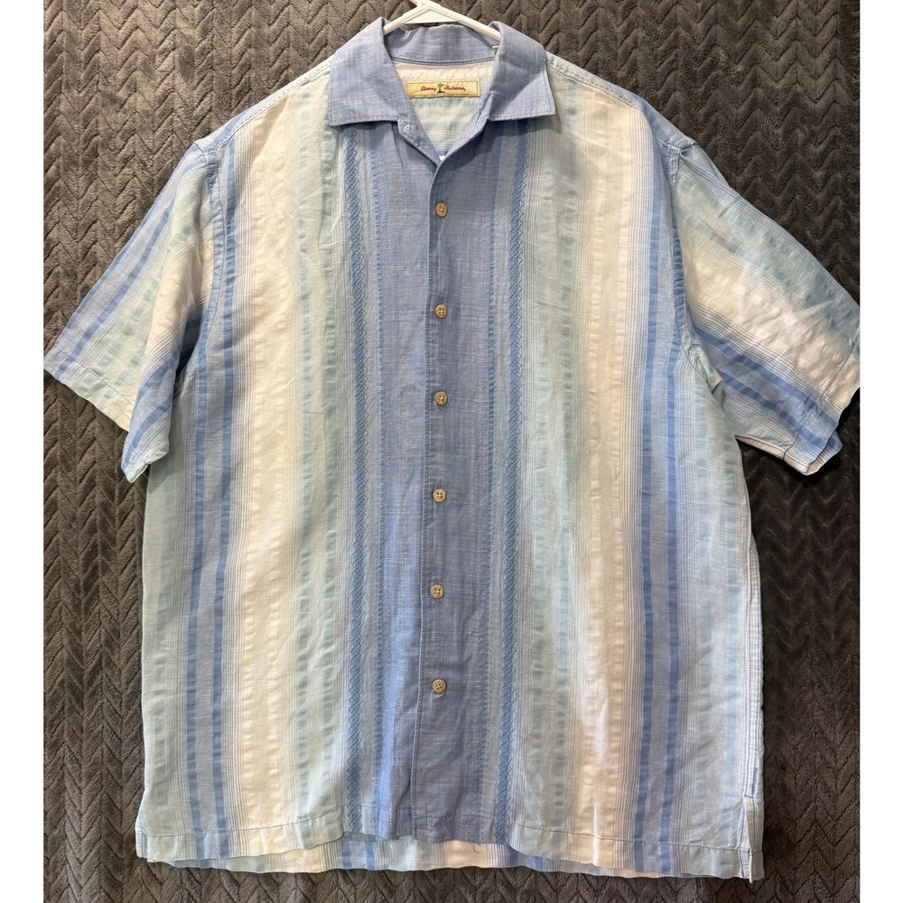 Tommy Bahama Button Down Shirt Medium Blue Excellent Striped Linen Blend (2134)